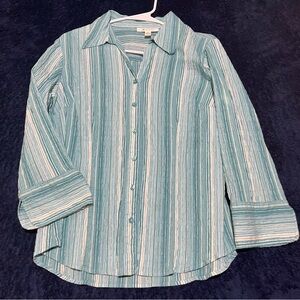 JM Collection Shirt Womens 10 Button Up Blouse Top Striped 3/4 Sleeve Stretch